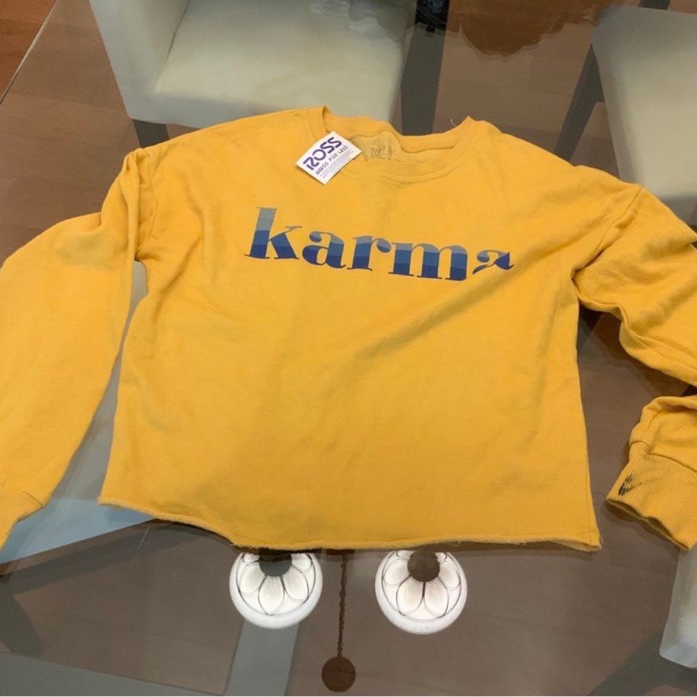 Zoe + Liv Yellow Sweater with Blue 'Karma' Print